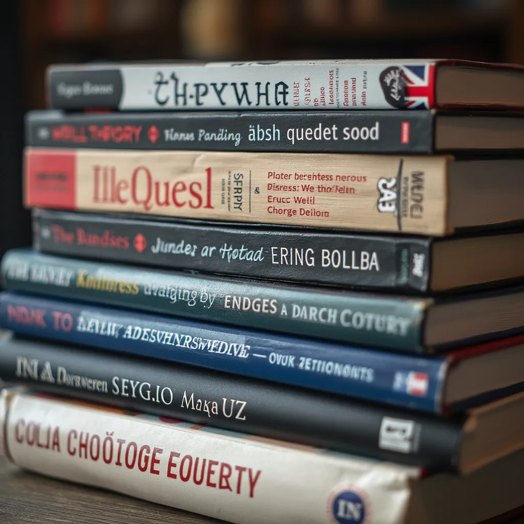 Close-up of curated business books stack