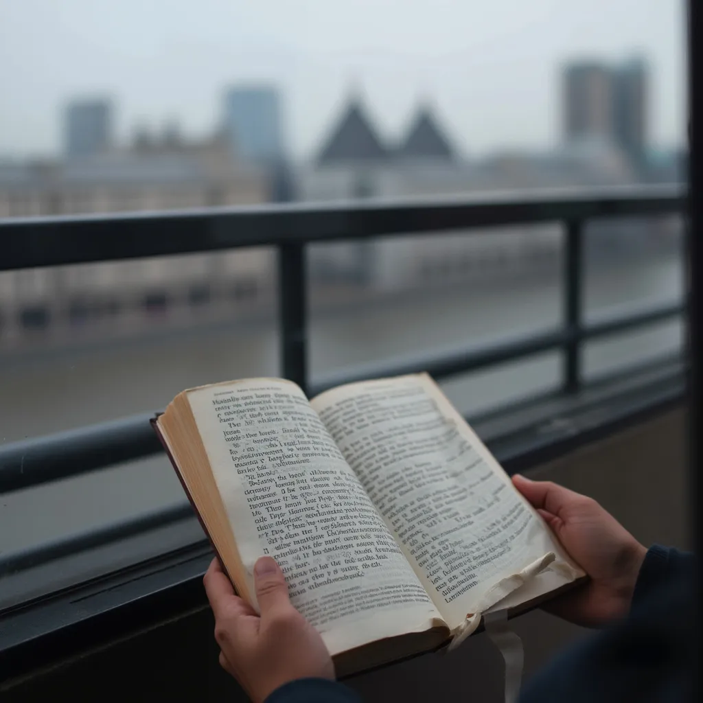 Reading business book with London backdrop